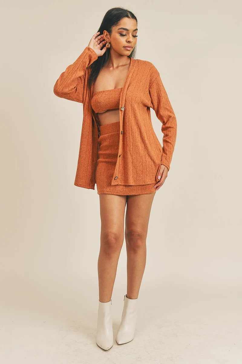 Cardigan Solid Color 3 Piece Set-Rust