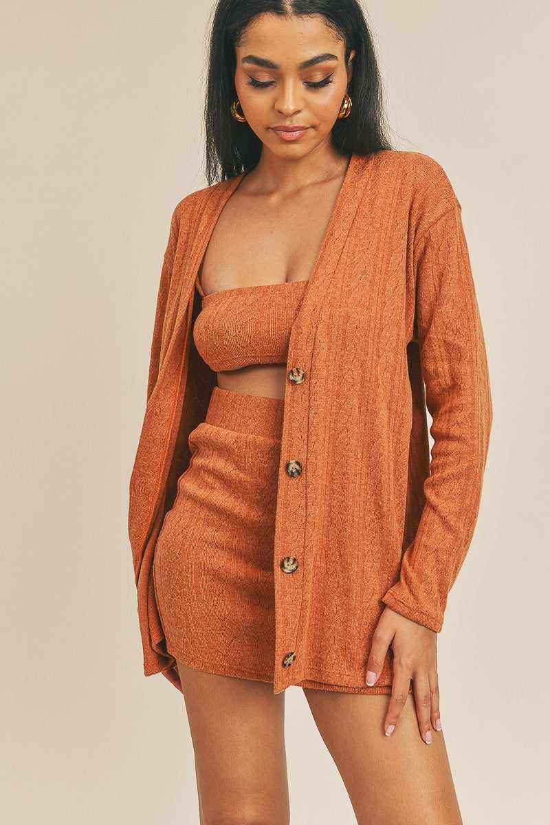 Cardigan Solid Color 3 Piece Set-Rust