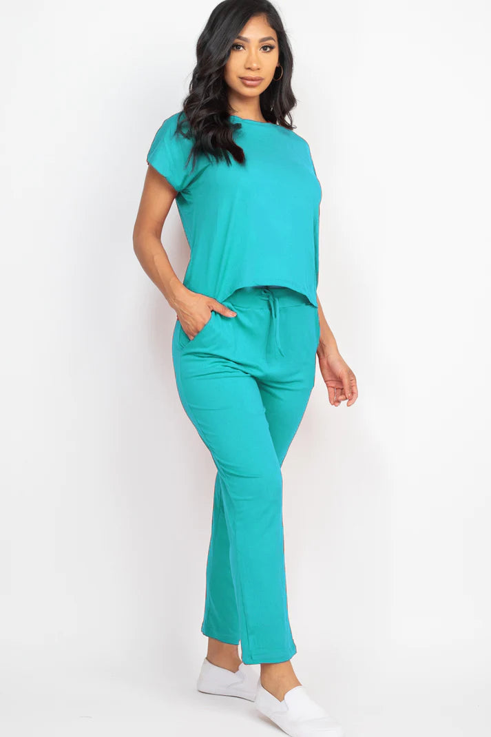 Casual Short Sleeve Loose Fit Top & Pants Set-Jade