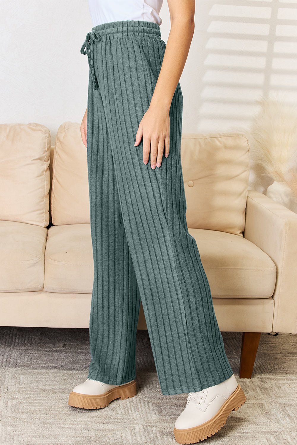 Ribbed straight pants with drawstring in teal, featuring a slightly stretchy fit.