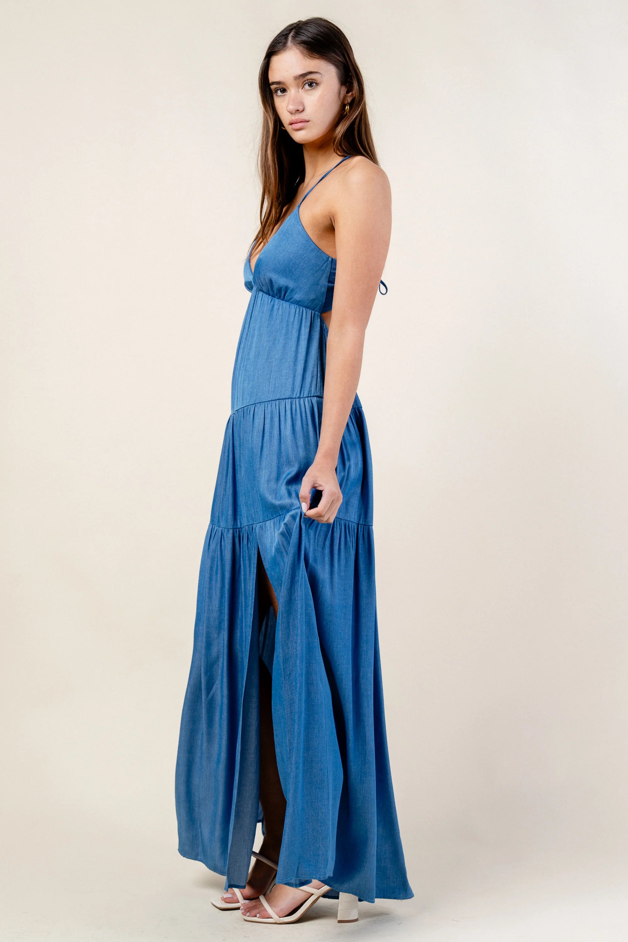Denim Maxi Dress | Relaxed Fit Drawstring Lace Back
