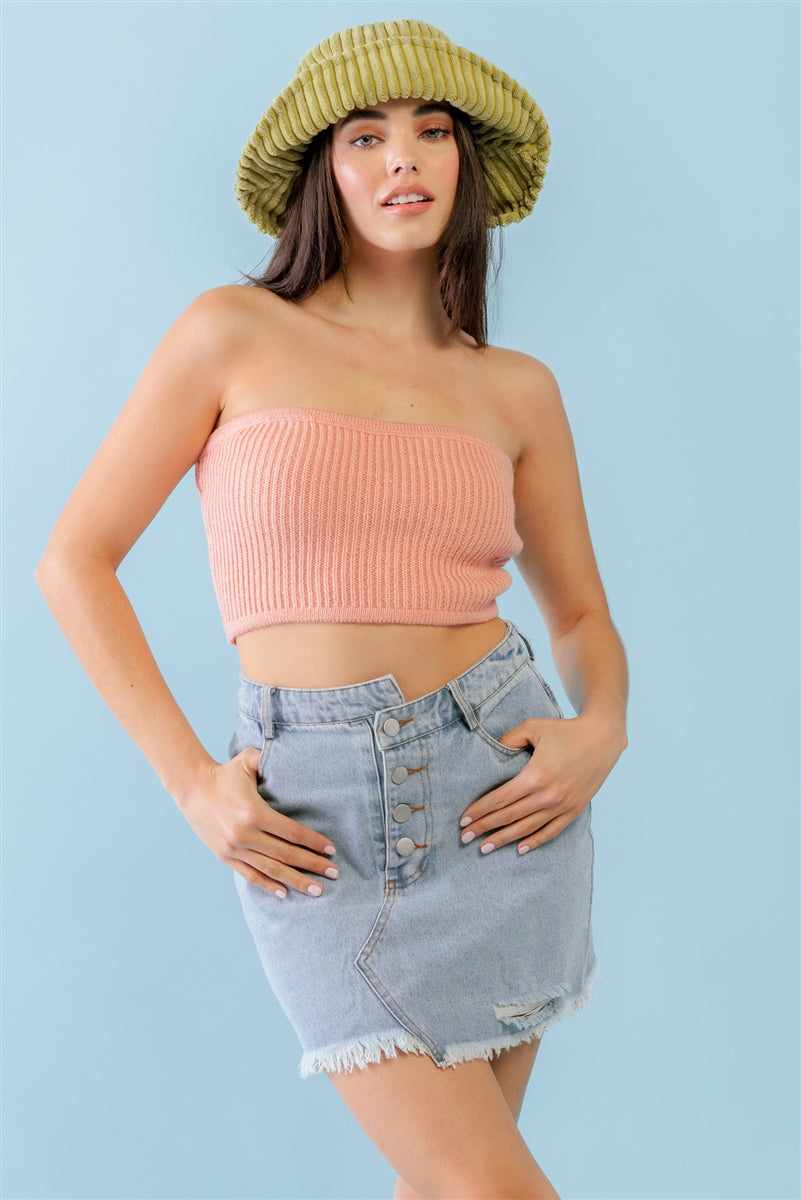 Dusty Peach Knit Strapless Crop Top-Peach