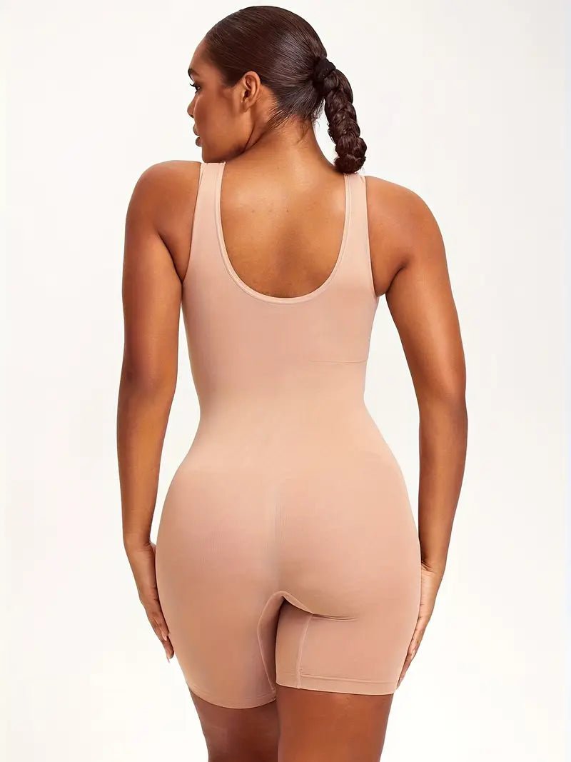 Back view of a woman wearing an elegant stretch fit knit bodysuit, showcasing slim fit and abdominal control in a solid color style.