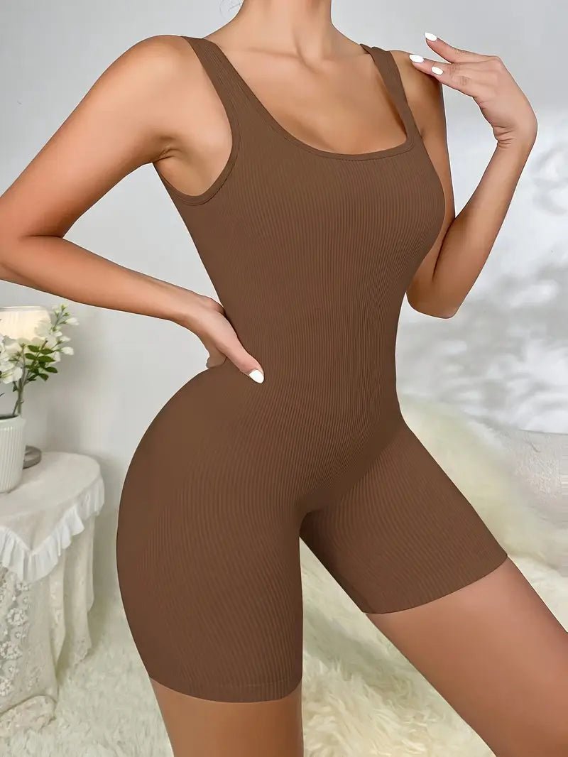 Woman wearing elegant brown stretch fit knit bodysuit, showcasing slim fit silhouette and abdominal control, perfect for all-season wear.