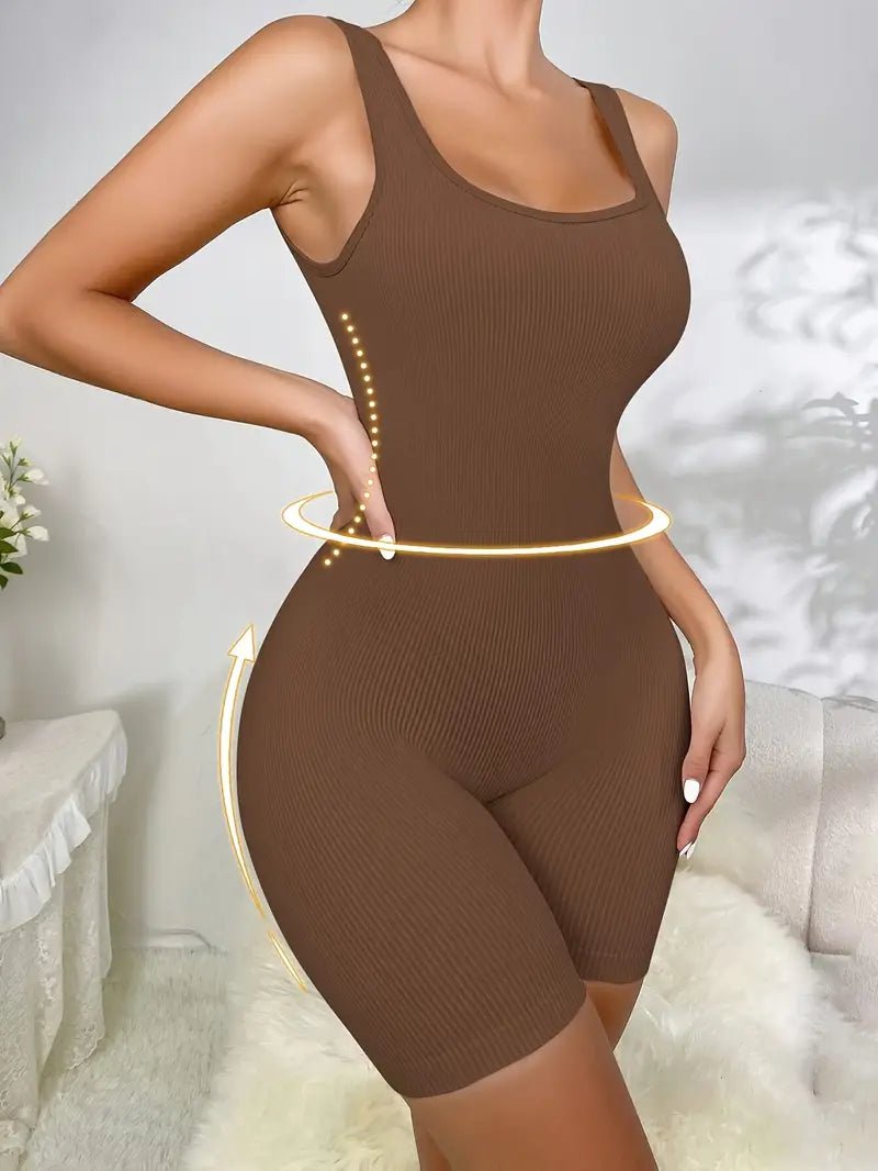 Elegant stretch knit bodysuit with abdominal control, showcasing a slim fit silhouette in a solid color. Perfect for all-season wear.
