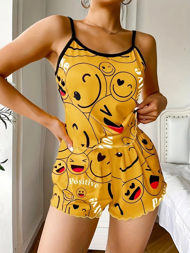 Emoji Print Satin Pajama Set | Cute Cami Top & Shorts Sleepwear for Women