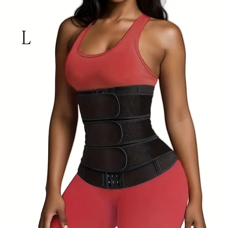 Woman wearing black adjustable waist trainer belt for tummy control and slimming effect while exercising.