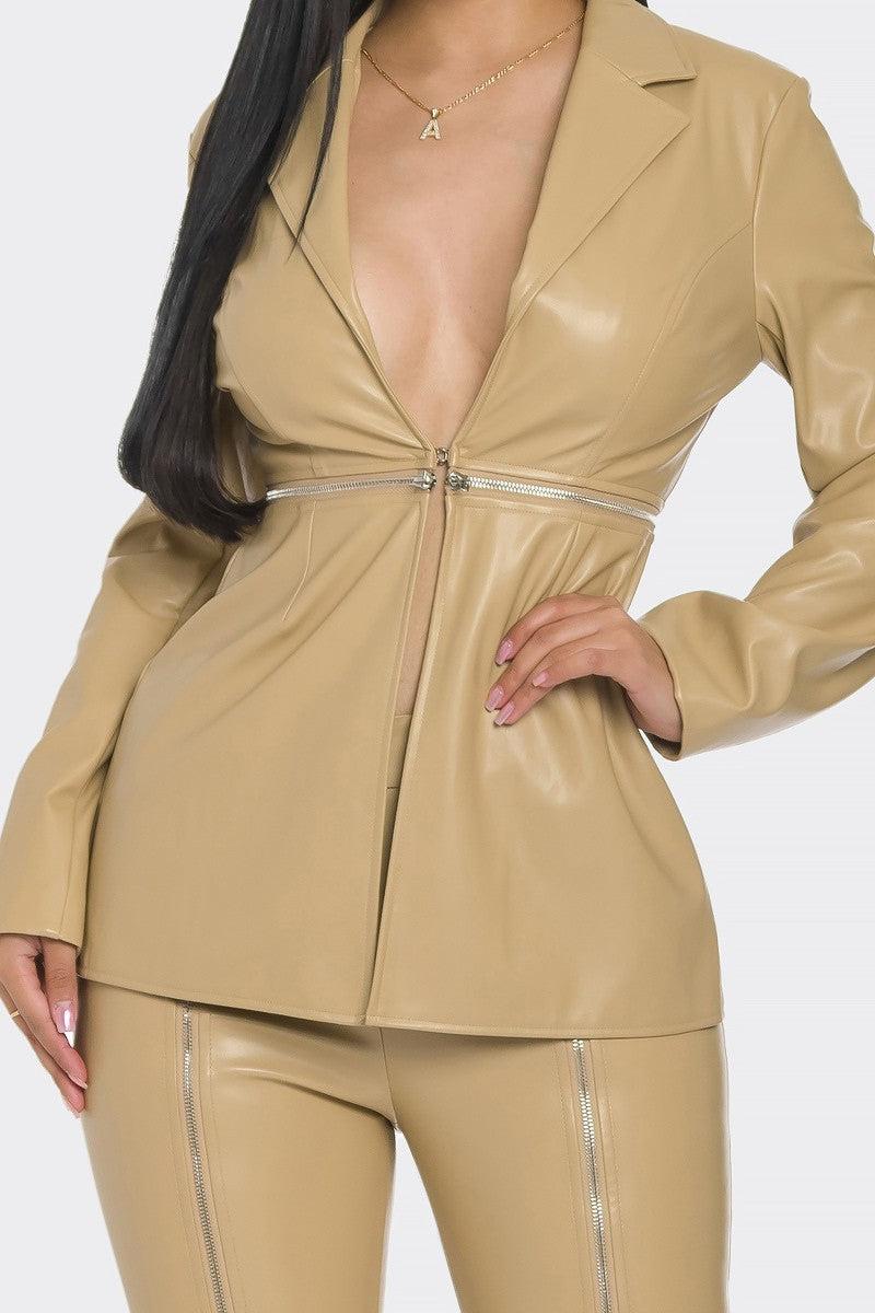 Faux Leather Zipper Pant Set-Beige