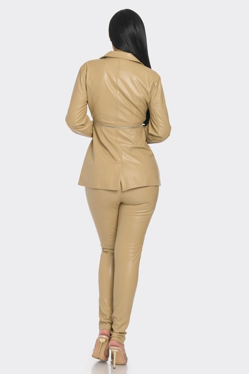 Faux Leather Zipper Pant Set-Beige