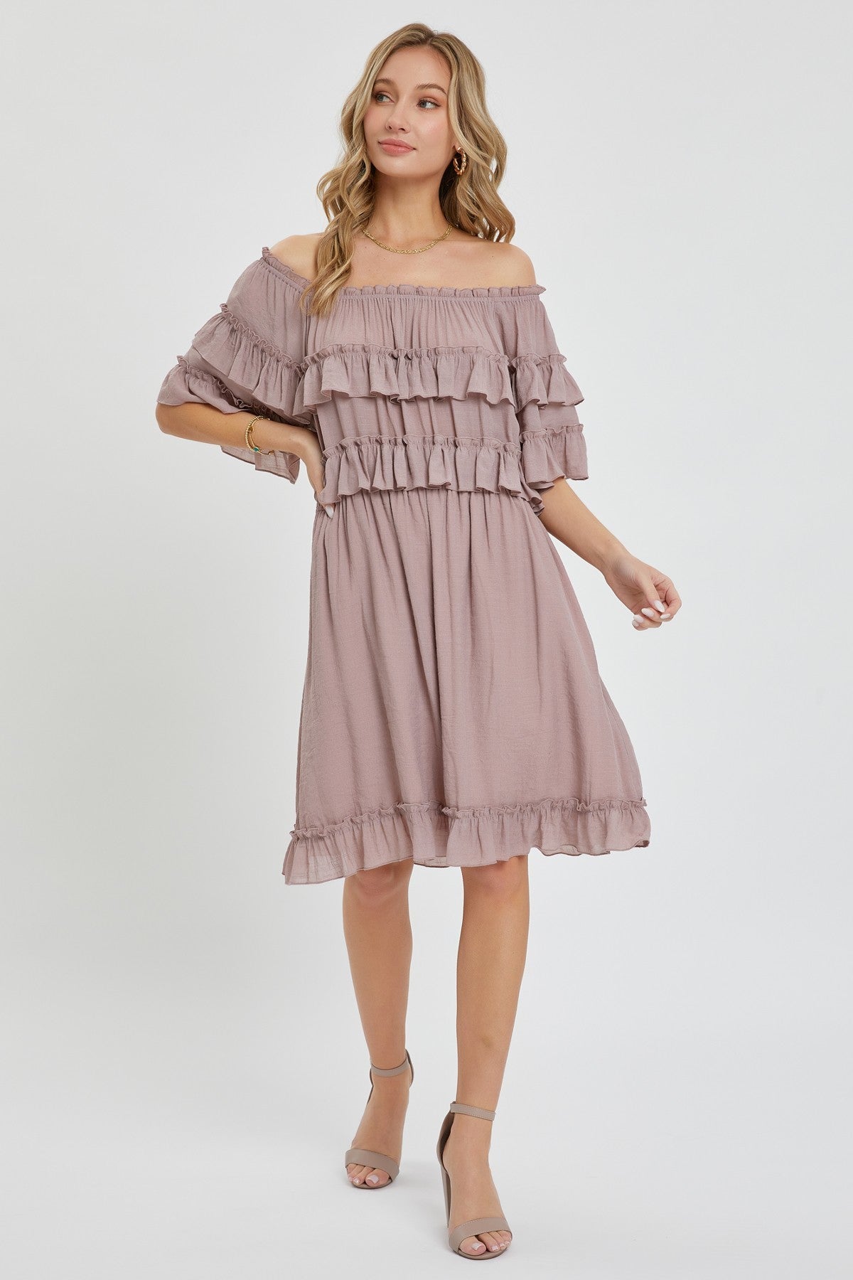 Flirty Mauve Off Shoulder Ruffle Midi Dress