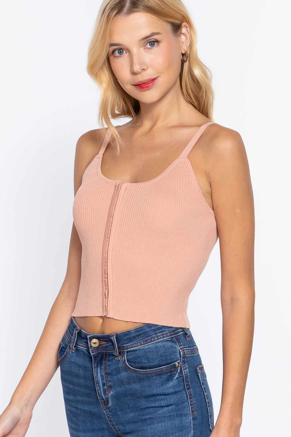Front Closure Sweater Cami Top-Pearl Pink