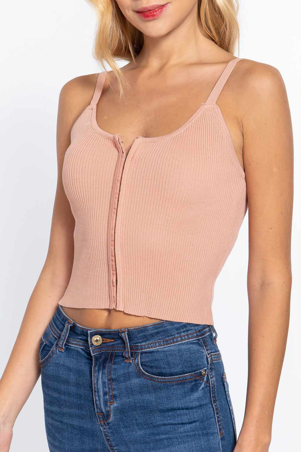 Front Closure Sweater Cami Top-Pearl Pink