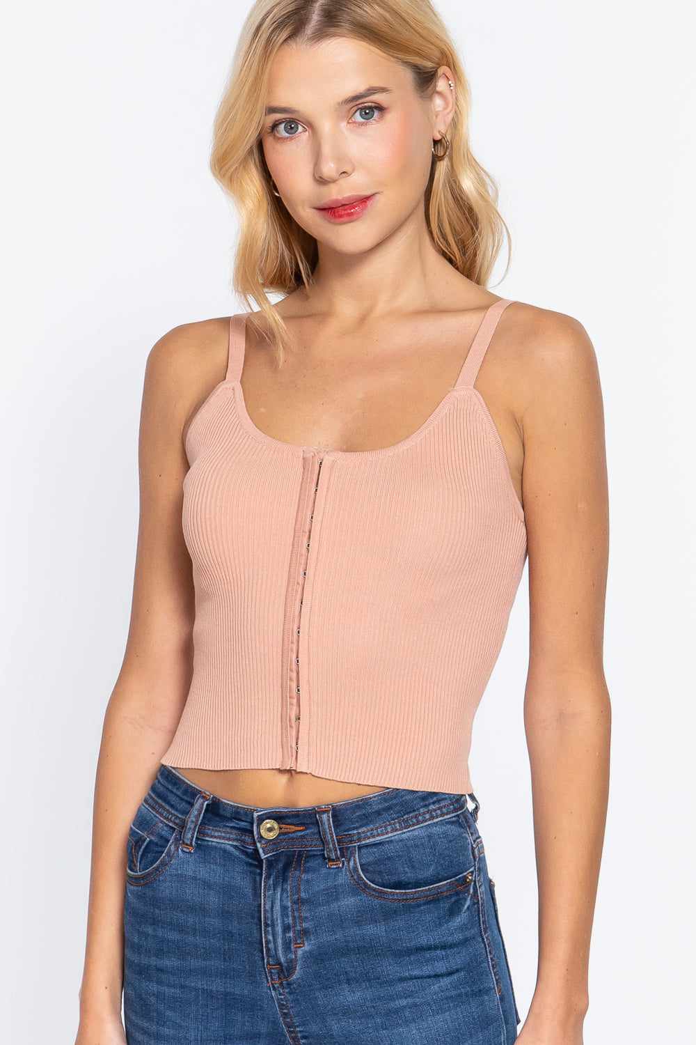 Front Closure Sweater Cami Top-Pearl Pink