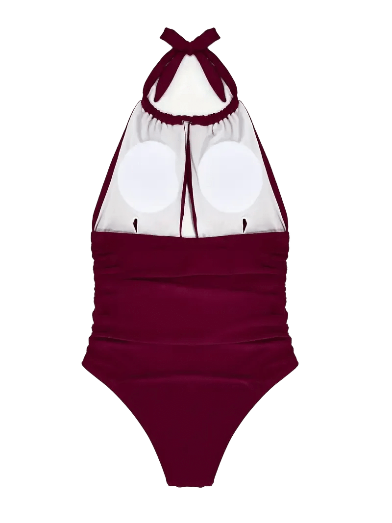 Halter Neck Ruched One-Piece Swimsuit with Keyhole Front