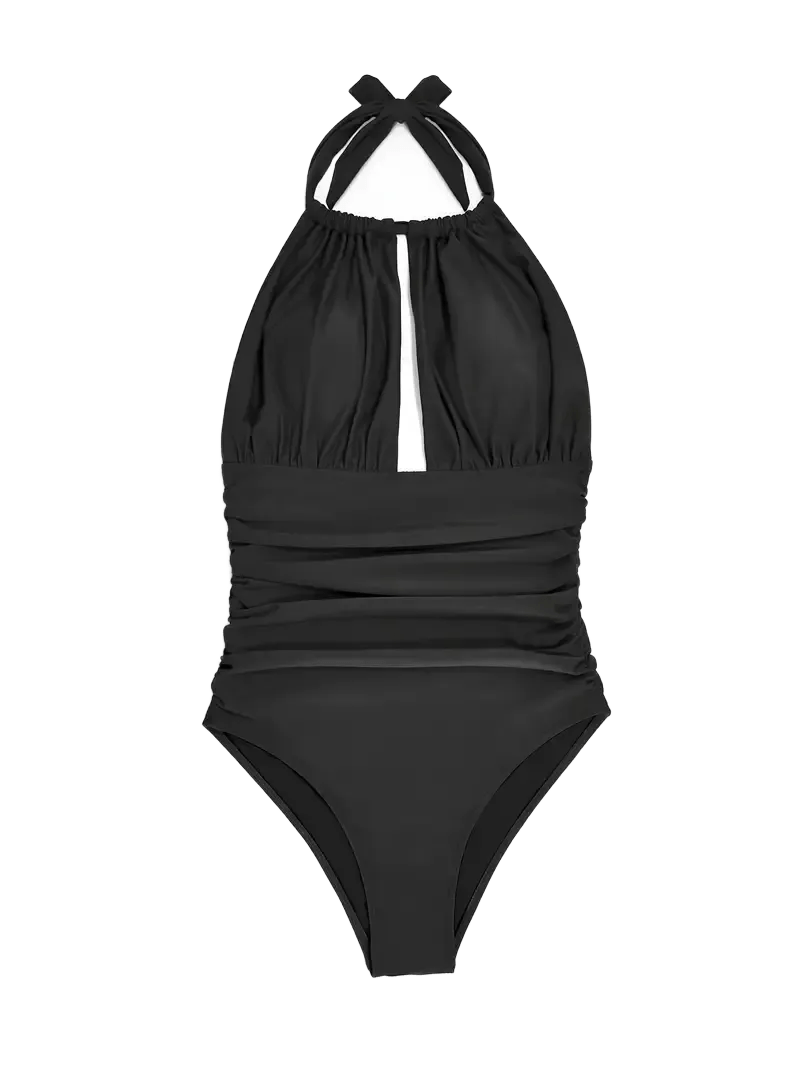 Halter Neck Ruched One-Piece Swimsuit with Keyhole Front