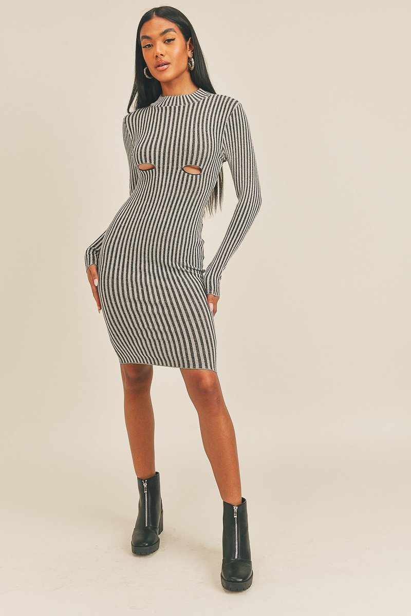 Long Sleeve Stripe Print Midi Dress-Black/White
