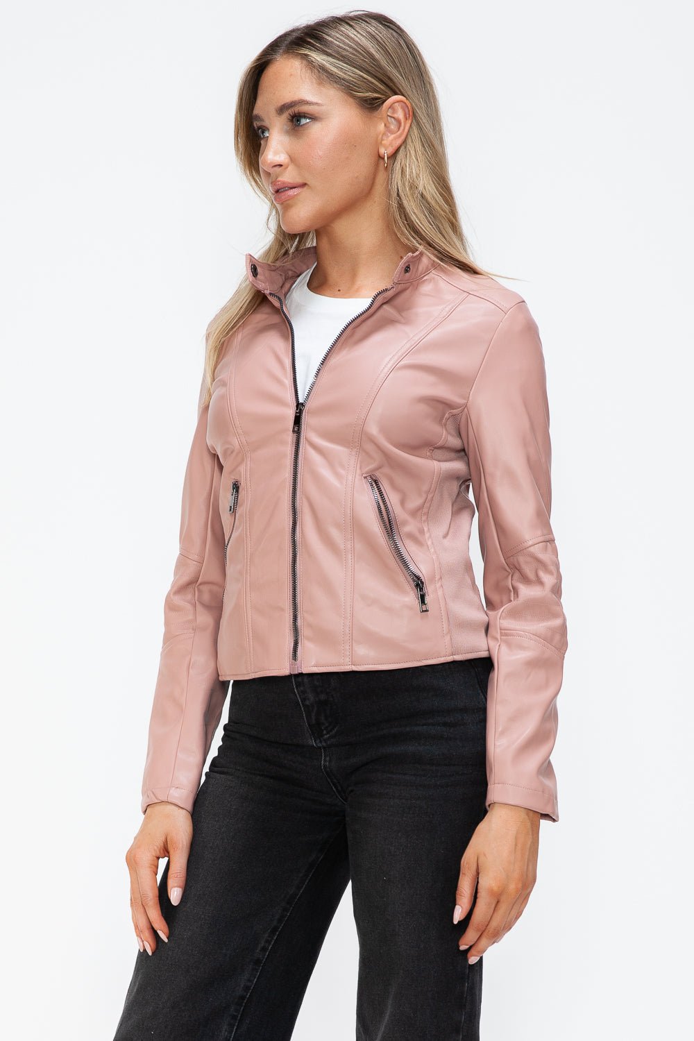 Mauve faux leather zip-up jacket with drawstring hood, featuring pockets. Perfect for stylish, casual wear.