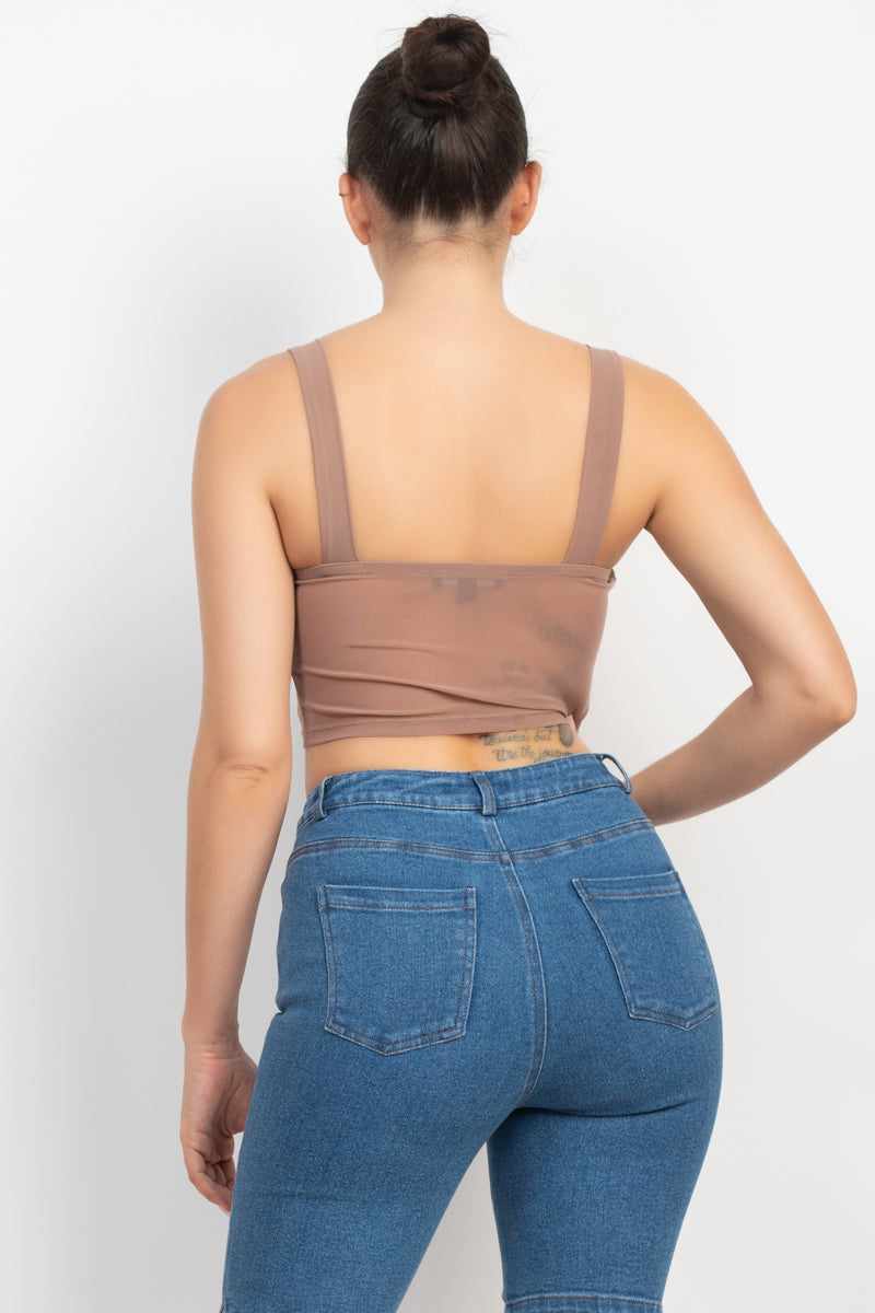 Contrasting Mesh Padded Tank Top-Mocha