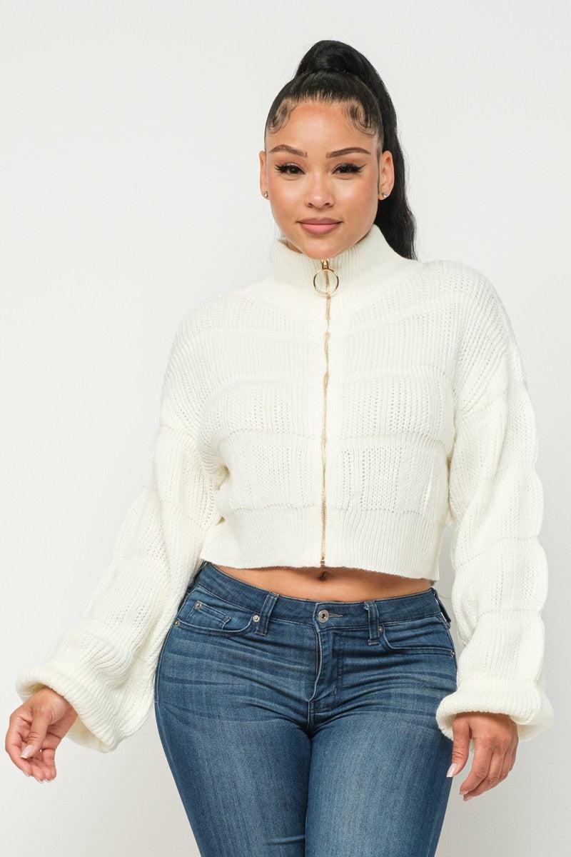 Michelin Sweater Top W/ Front Zipper-Cream