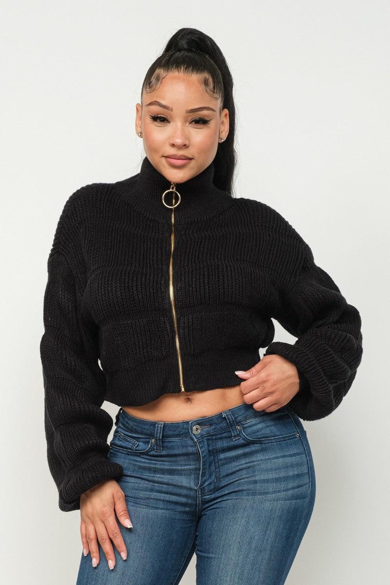 Michelin Sweater Top W/ Front Zipper-Black