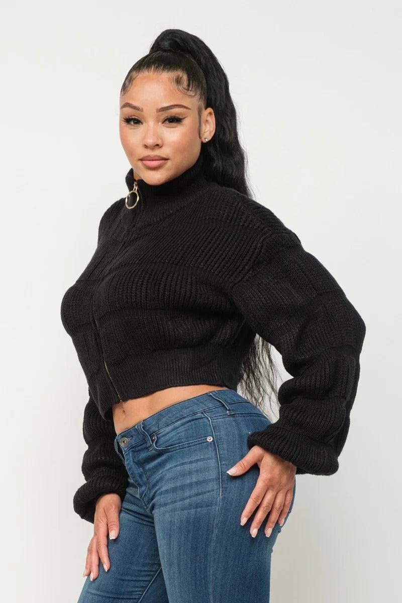 Michelin Sweater Top W/ Front Zipper-Black