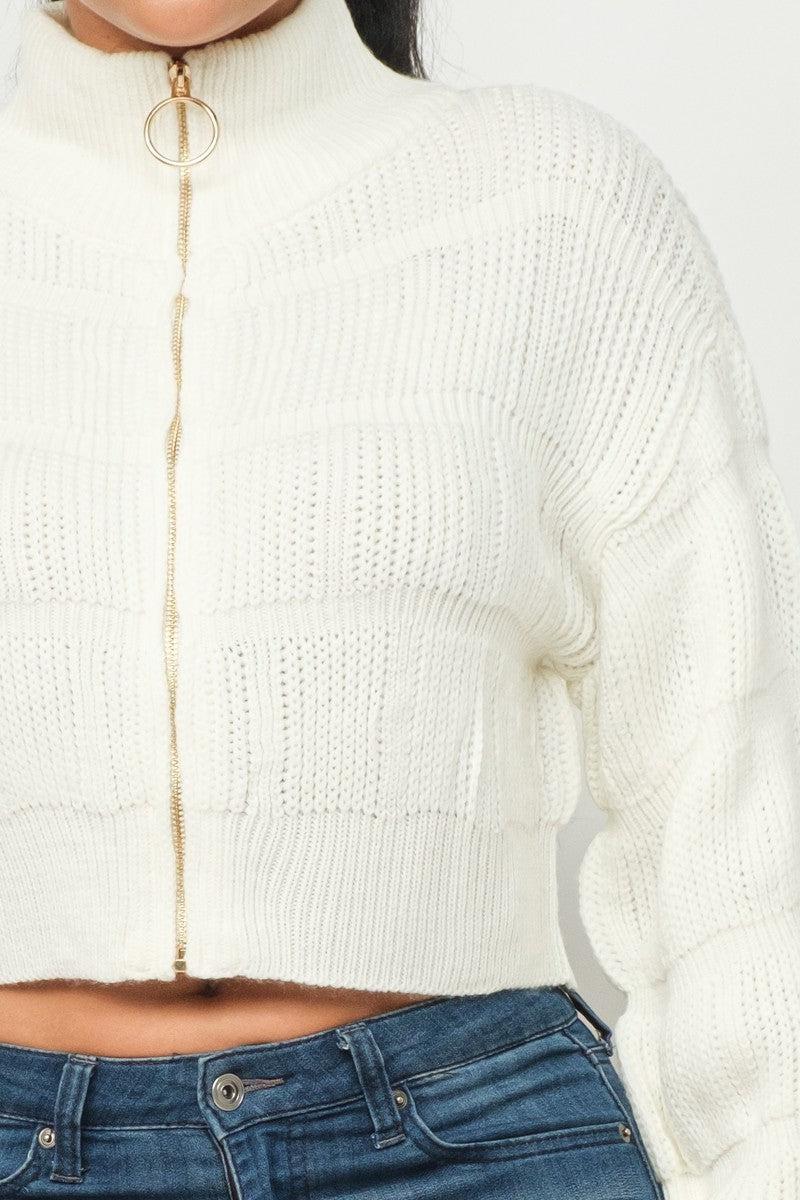 Michelin Sweater Top W/ Front Zipper-Cream