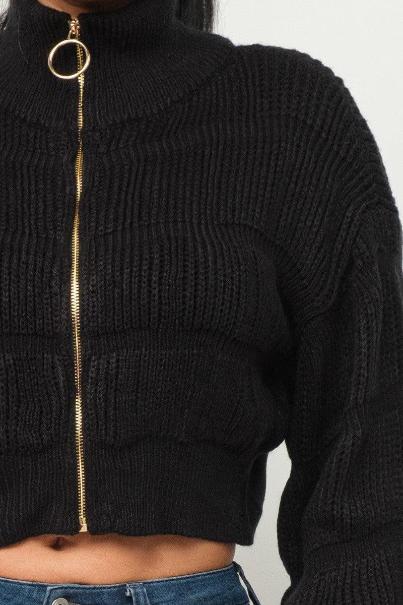 Michelin Sweater Top W/ Front Zipper-Black