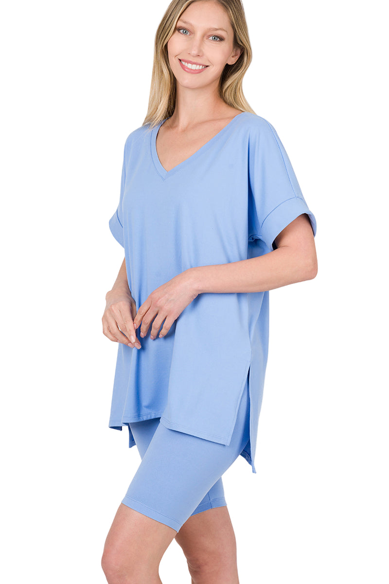 Brushed microfiber V-neck top and biker shorts set in spring blue, featuring a hi-low hem and buttery soft fabric.