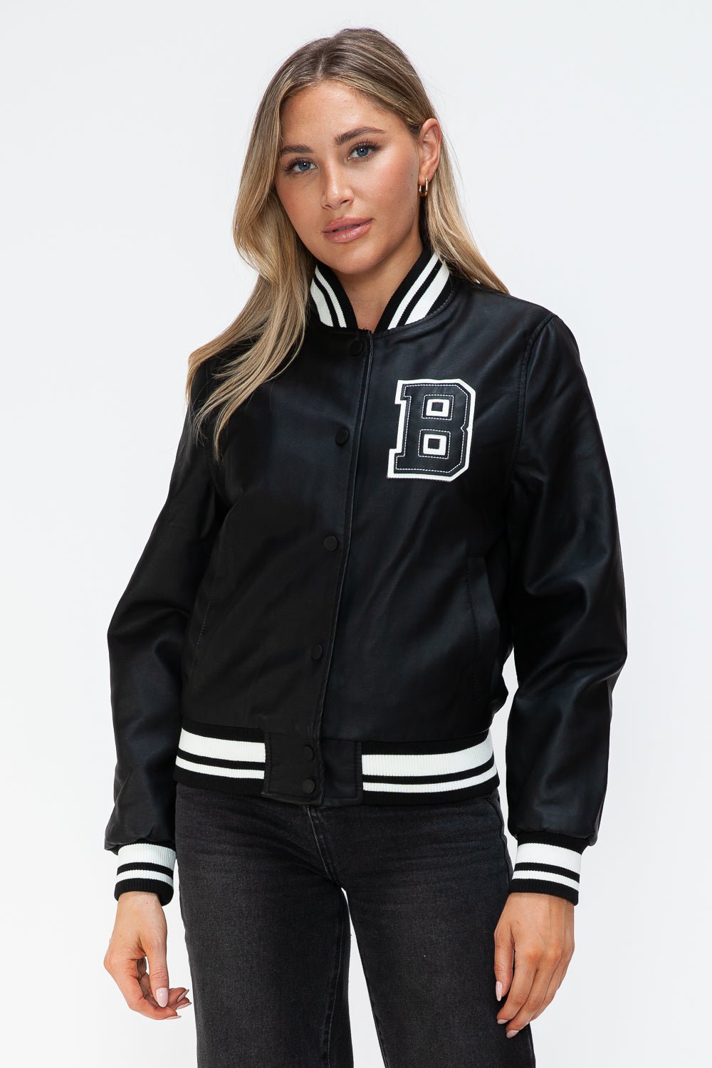 Midnight Black PU Leather Bomber Jacket with Contrast Snap Down and Letter B Patch