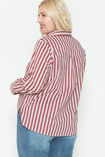 Multi Stripe Side Slit Cotton Shirt-Red