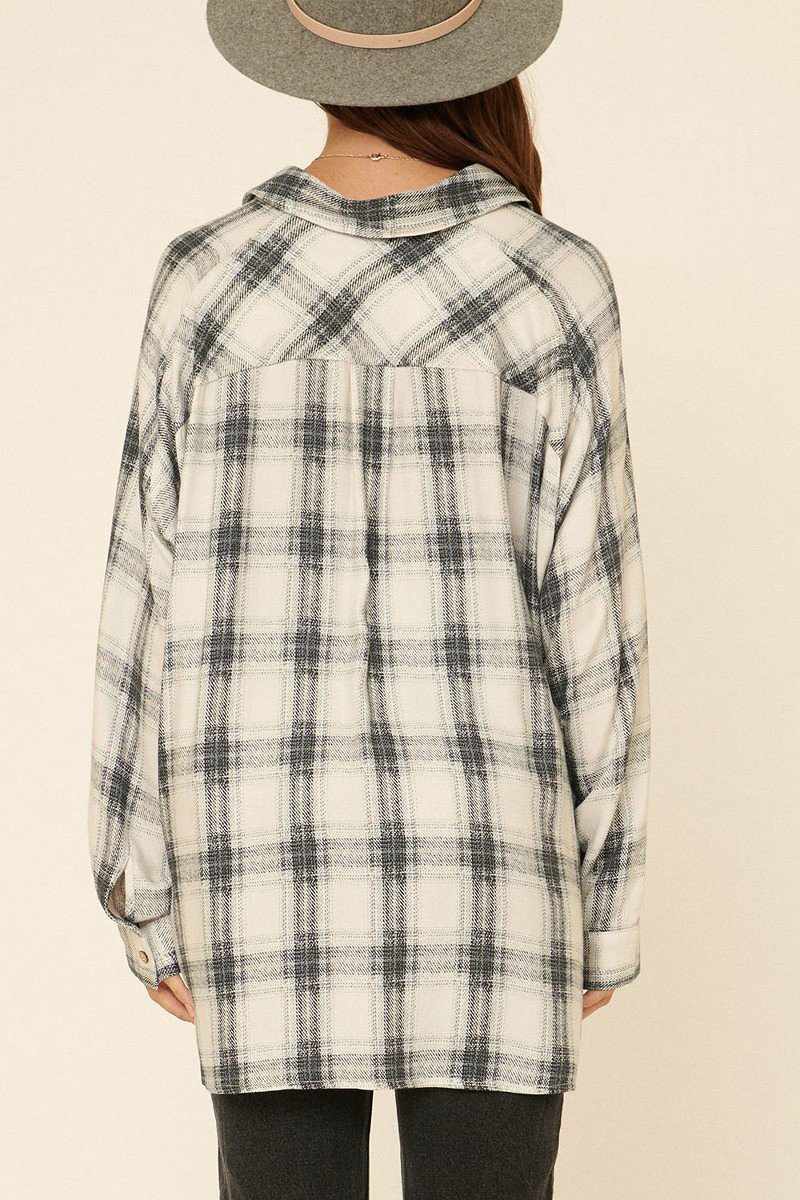 Oversized Loose Fit Plaid Shirt-Grey