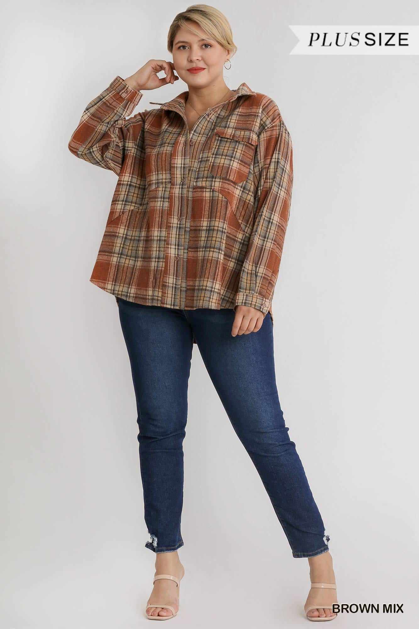 Plaid Collar Button Down Overshirt-Brown