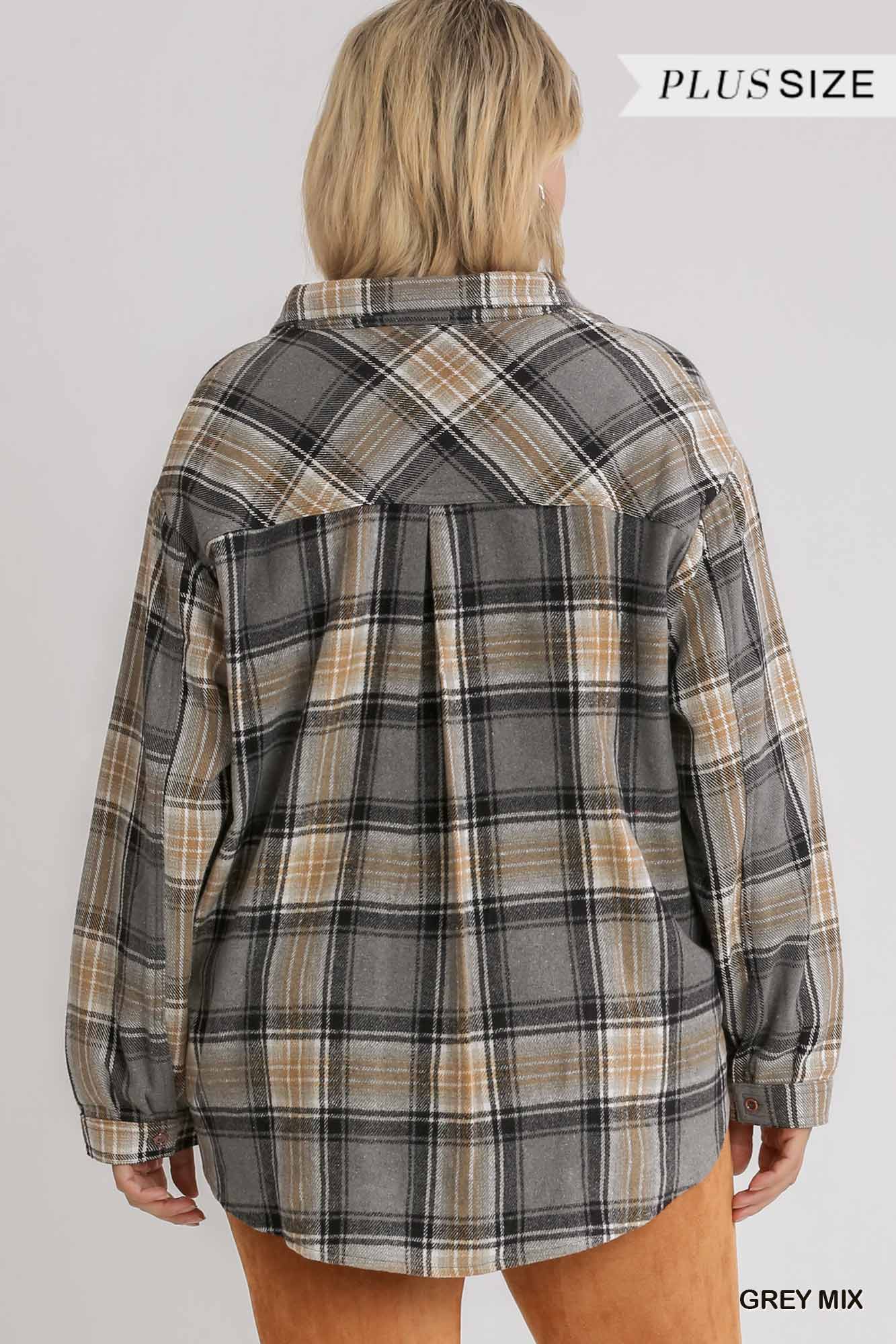 Plaid Collar Button Down Overshirt-Grey