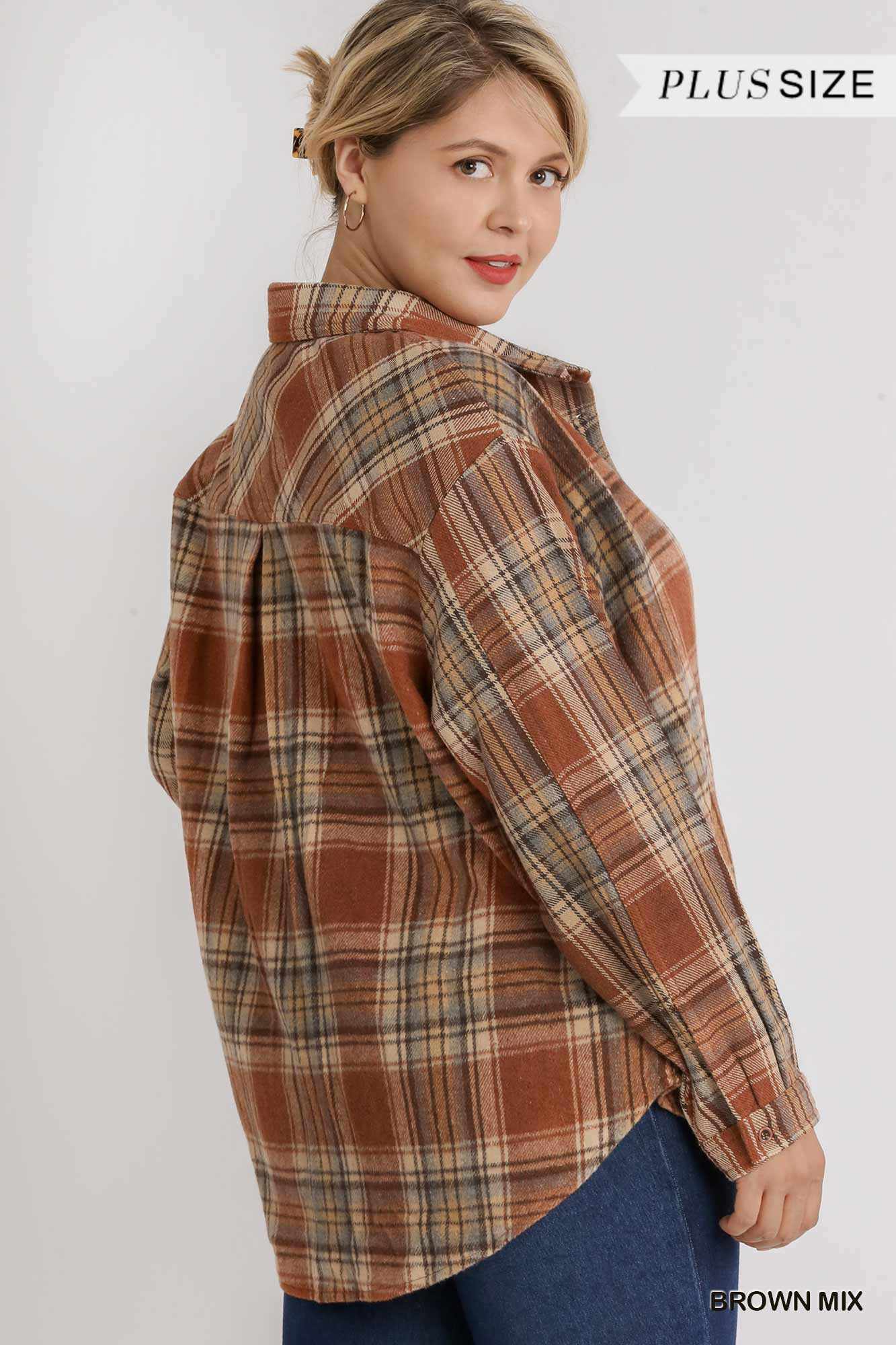 Plaid Collar Button Down Overshirt-Brown