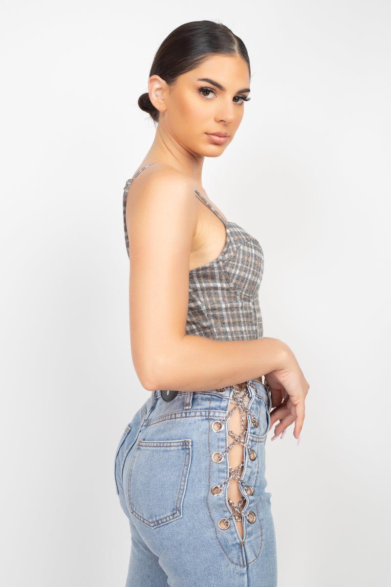 Plaid Hook & Eye Sweetheart Crop Top-Taupe/White/Black