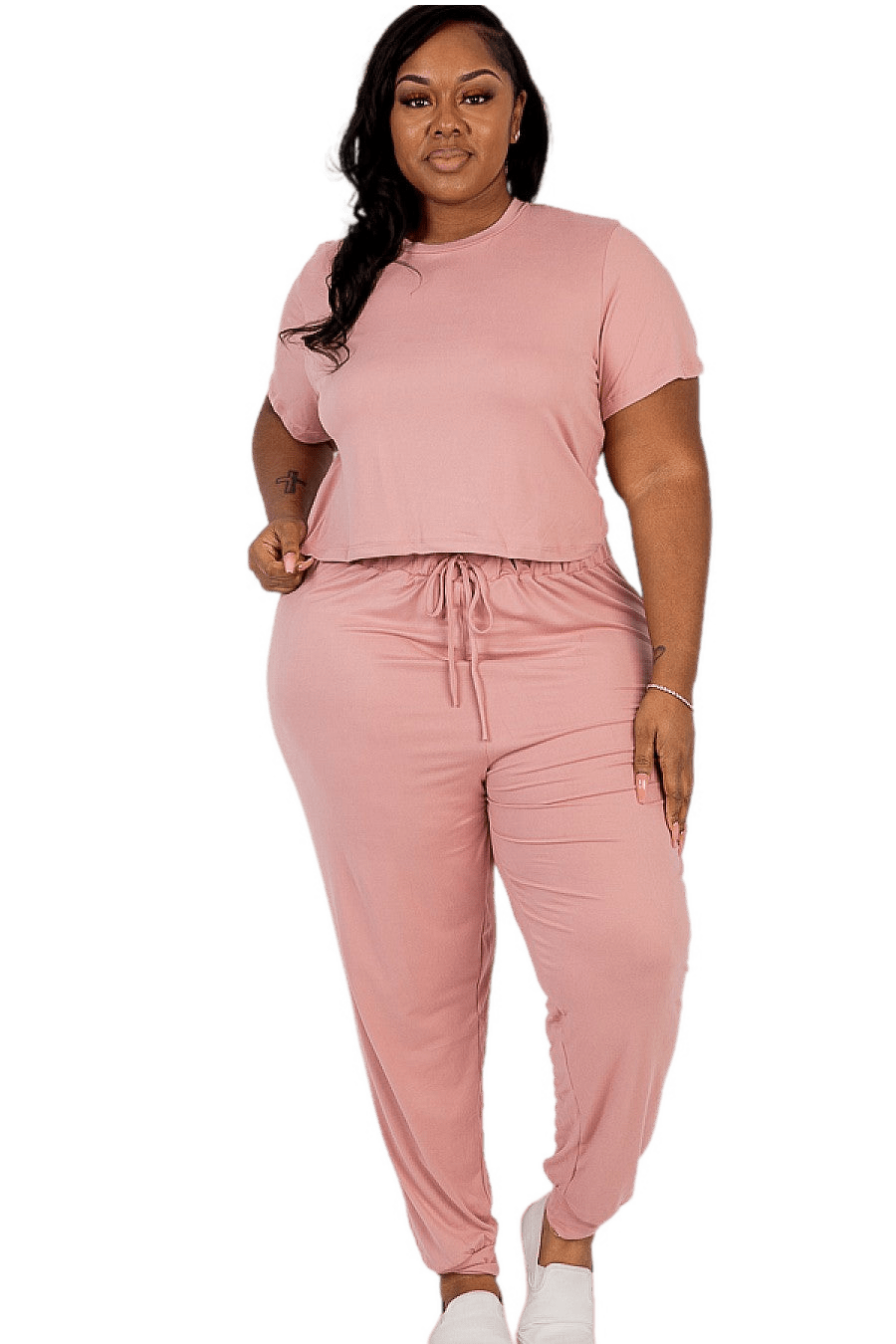 Plus Size Basic Top & Pants Set in pink with short sleeves and a drawstring waist, showcasing soft, stretchy jersey fabric for casual wear.