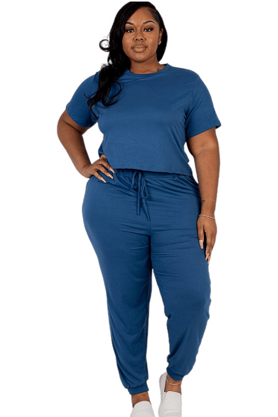 Plus Size Basic Top & Pants Set in Blue - Soft Stretchy Jersey, Perfect for Casual Wear. Model 5'8" Wearing Size 1X.