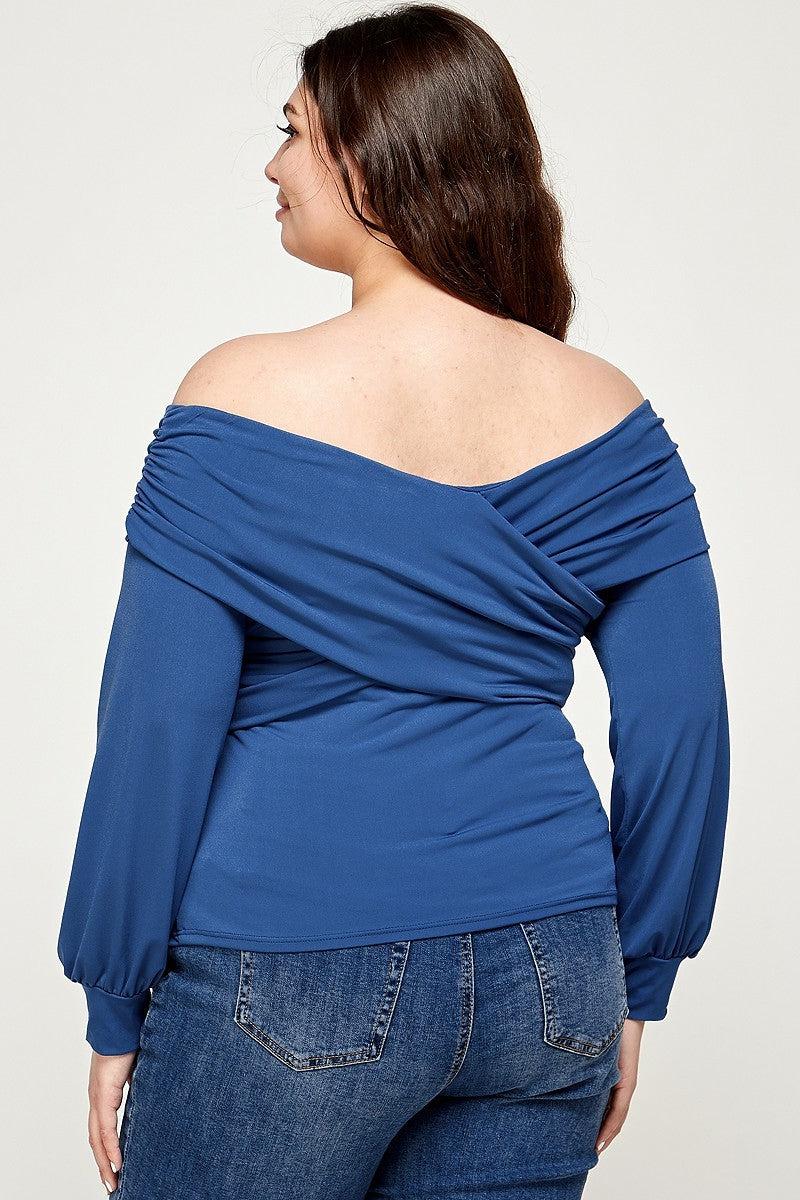 Plus Size Solid Wrap Dressy Top-Blue Stone
