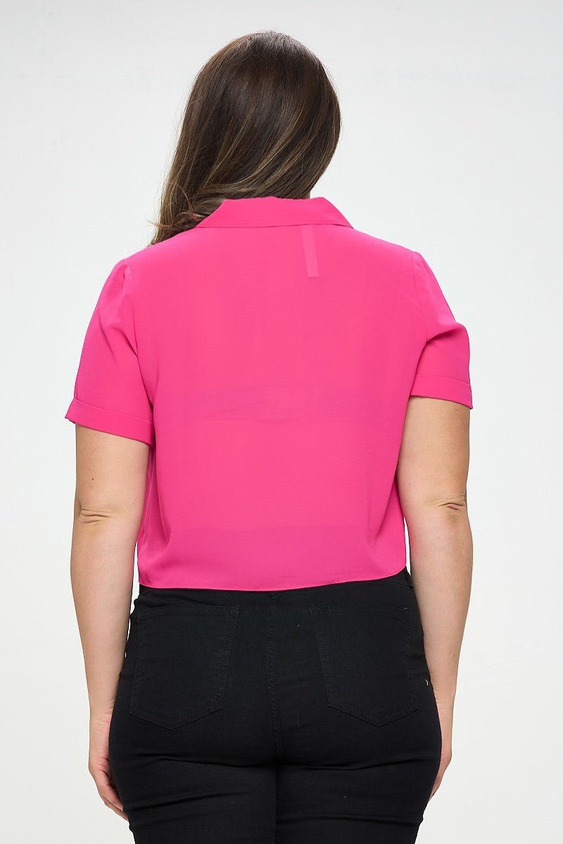 Plus Size Chiffon Tie Front Fuchsia Short Sleeve Top