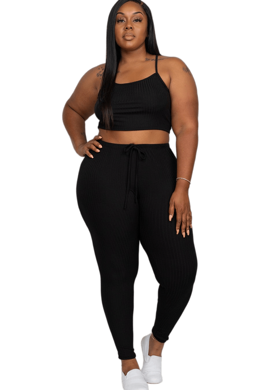 Plus Size Ribbed Crop Cami Top & Leggings Set in black, featuring sleeveless design and drawstring, ideal for casual and workout wear.
