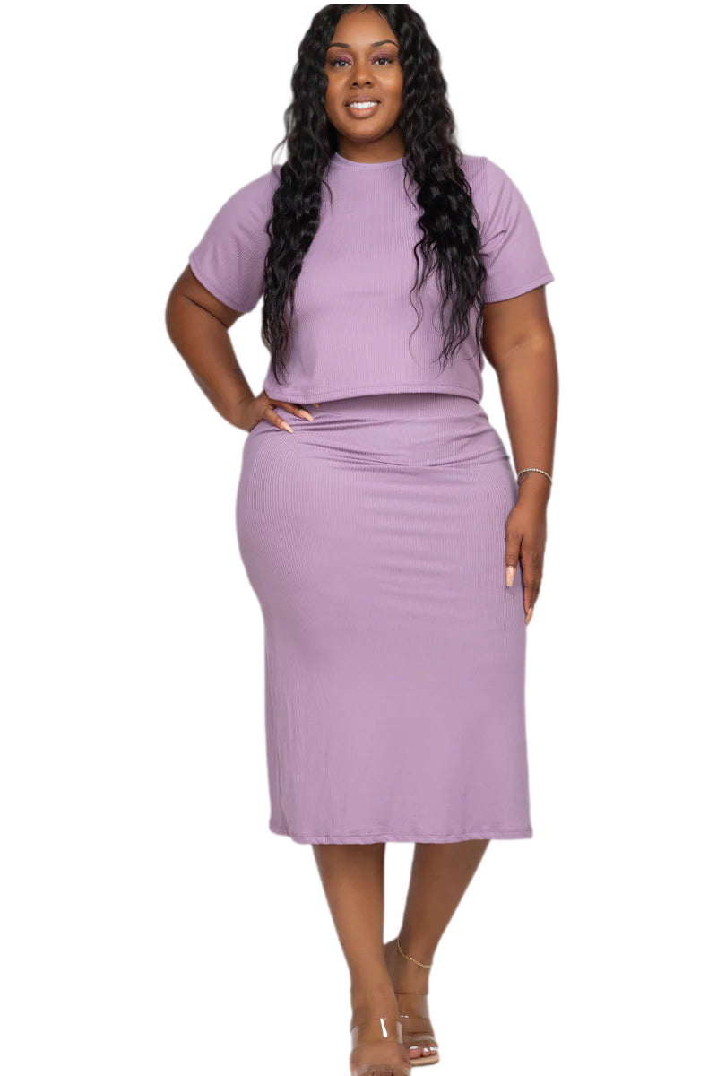 Plus size ribbed solid top and midi skirt set in light purple with elasticized waist, short sleeves, high stretch fabric.