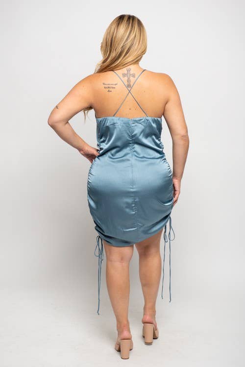 Plus Size Satin Dress | Sleeveless Ruched Drawstring Mini