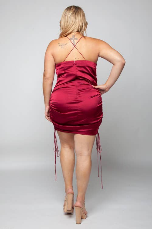 Plus Size Satin Dress | Sleeveless Ruched Drawstring Mini