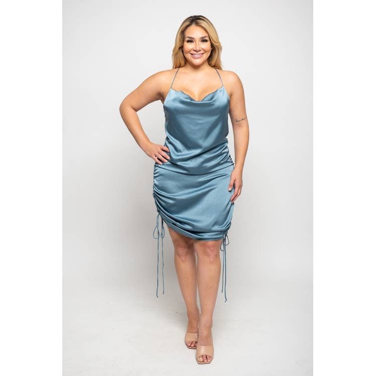 Plus Size Satin Dress | Sleeveless Ruched Drawstring Mini