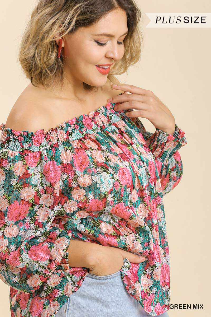 Plus Size Sheer Floral Off Shoulder Green Blouse