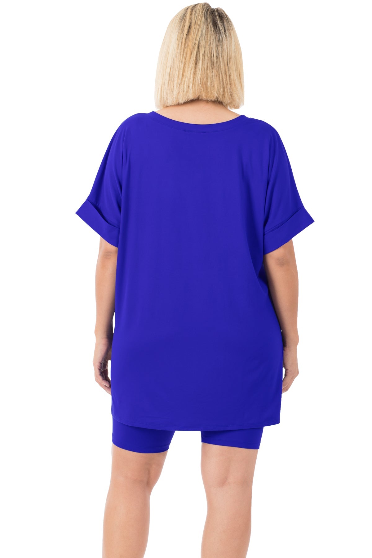 Blue microfiber V-neck top and biker shorts set, back view, featuring hi-low hem and buttery soft fabric for perfect stretch.