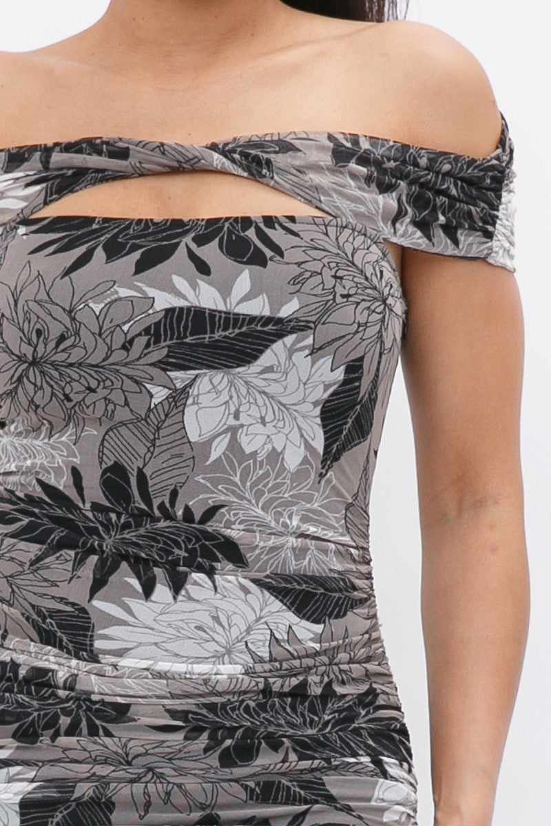 Printed Mesh Off Shoulder Dress-Black/Grey
