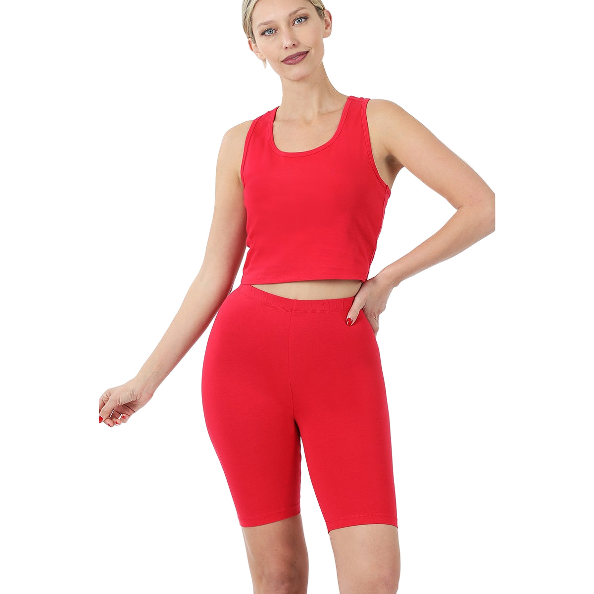 Red racerback tank top and biker shorts set, 95% cotton and 5% spandex, ideal for activewear and casual outings.
