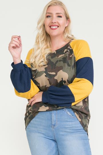 Raglan Sleeve Color Block Top-Camo