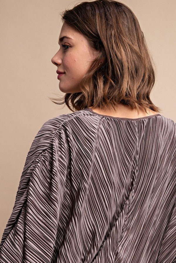 Satin Mocha Pleated Drawstring Top With Snap Button
